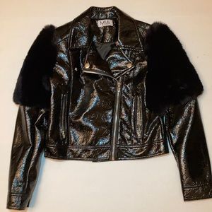 Black stylus faux  leather jacket with faux fur.